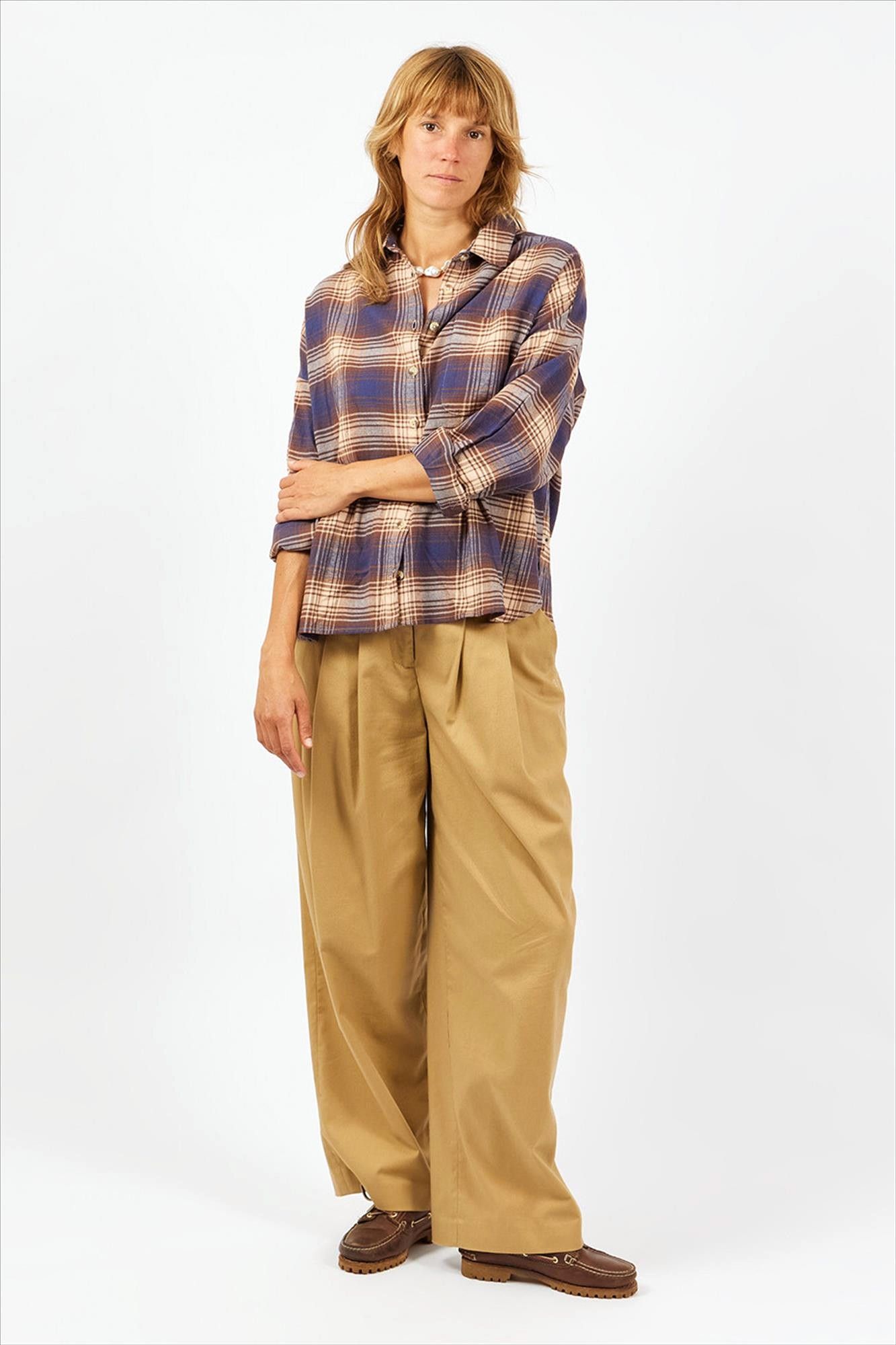 arsene & les pipelettes - Beige-Donkerblauwe Écossaise blouse